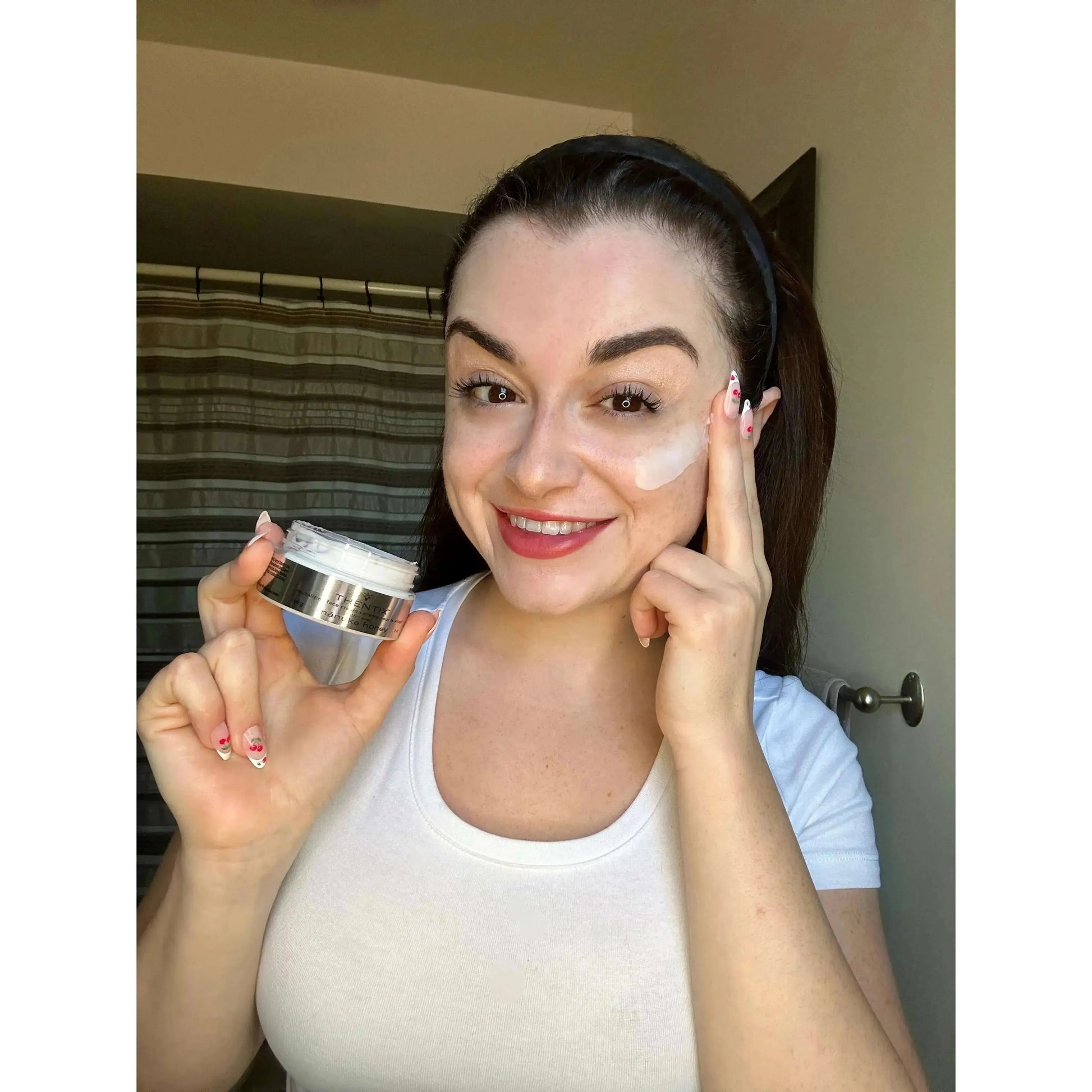 Woman applying Thentix Face Cream, a top choice for the best skincare for sensitive skin and a good moisturizer for dry skin, offering gentle, effective hydration.