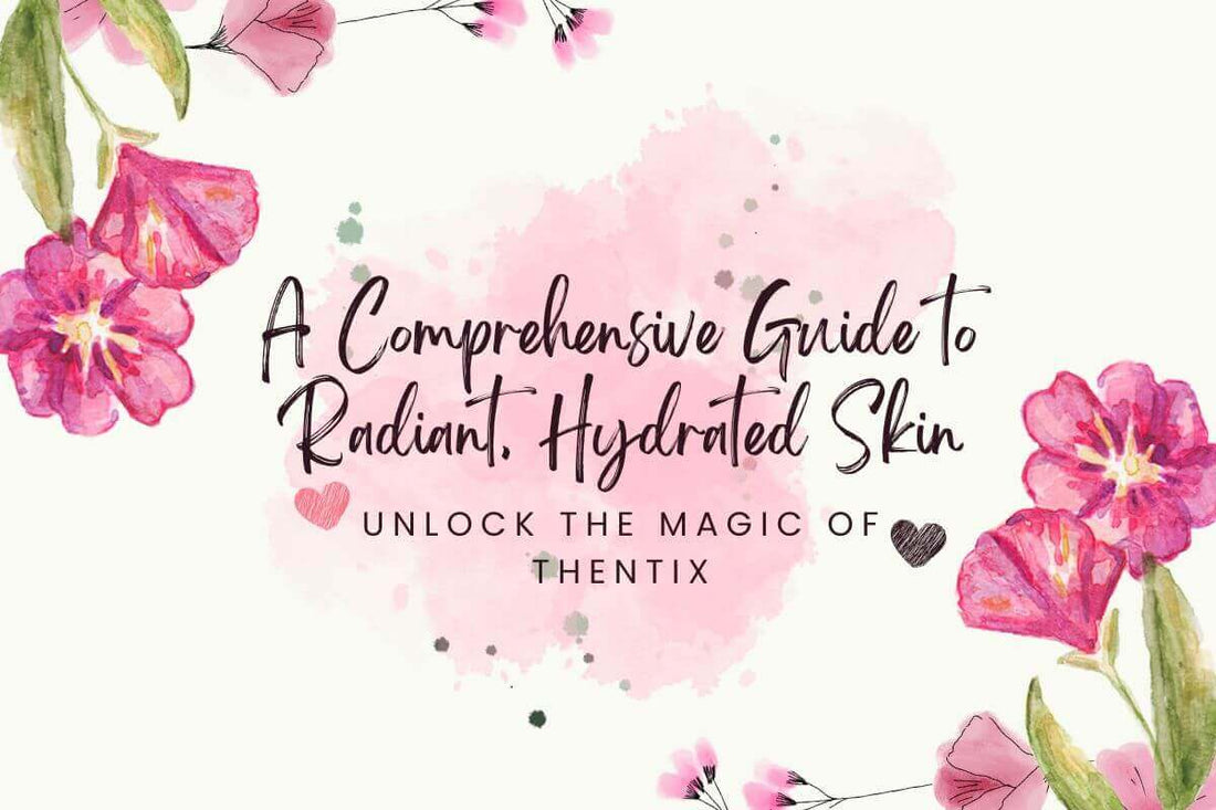 A colorful image representing radiant, hydrated skin with flowers and text about the best products for hydrated skin.