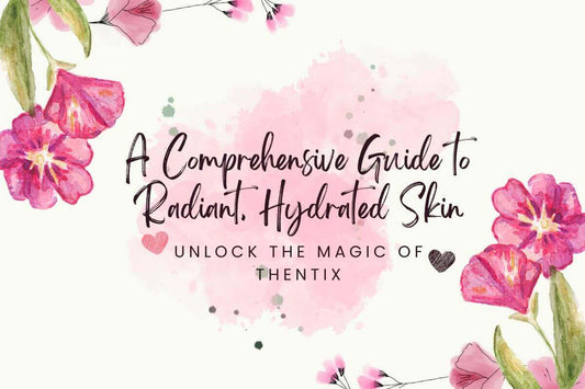 A colorful image representing radiant, hydrated skin with flowers and text about the best products for hydrated skin.