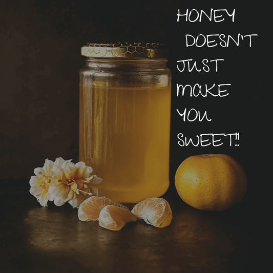 honey and skin care benefits with honey for glowing skin in a jar surrounded by fruit and flowers