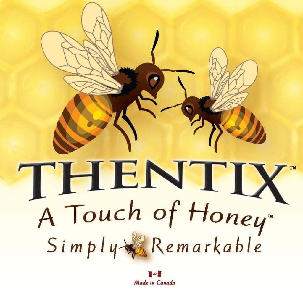 Thentix A Touch of Honey logo. Two cute bees over top the words Thentix A Touch of Honey with a honey comb background.